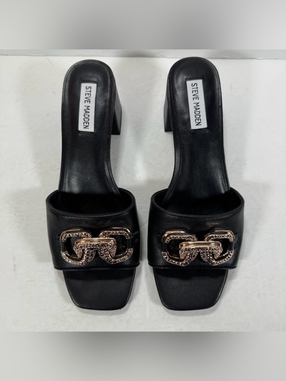 Steve Madden Santana Black Leather Gold Hardware Slide Sandals Women Size 10M - Picture 2 of 11